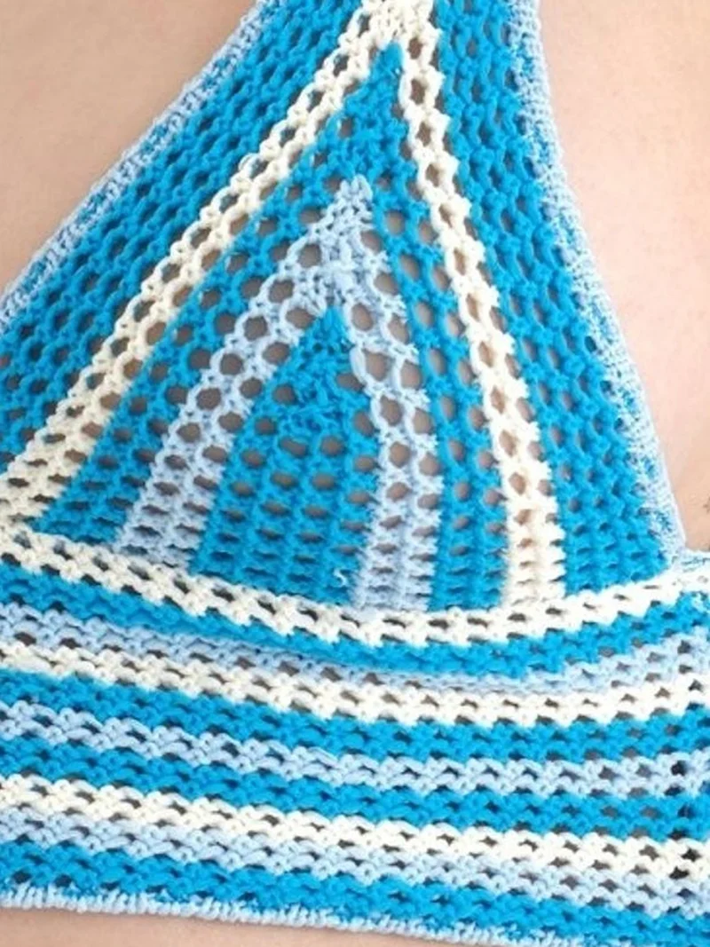 Hiccup Blue Striped V Neck Knitted Crochet Crop Top for Women | Best Price UAE