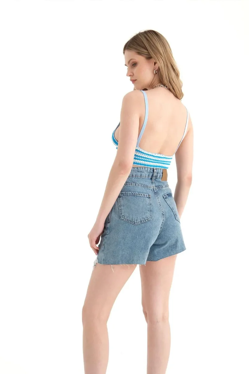 Hiccup Striped V Neck Knitted Crochet Crop Top