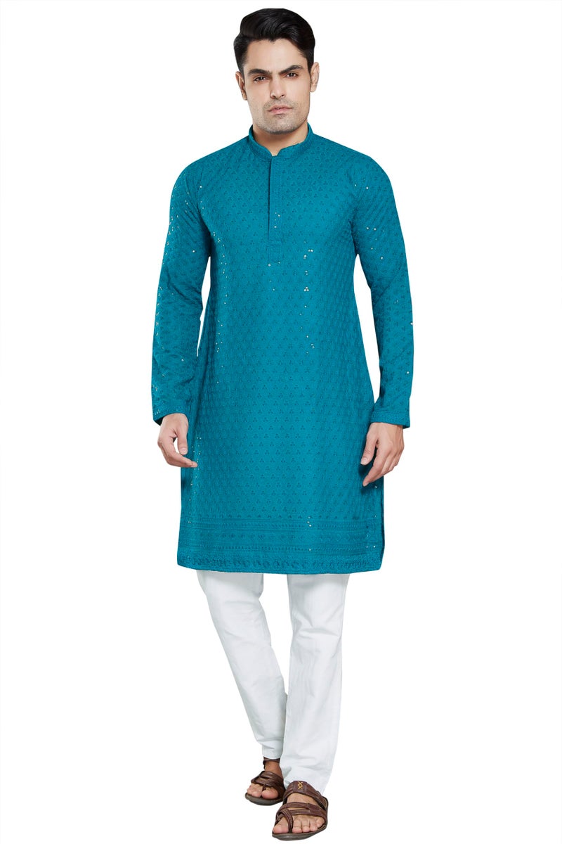 DIVISIVE Men's Sequince Embroidered Cotton Blend Only Kurta (DKRT7_S_Turquoise) - Image 2