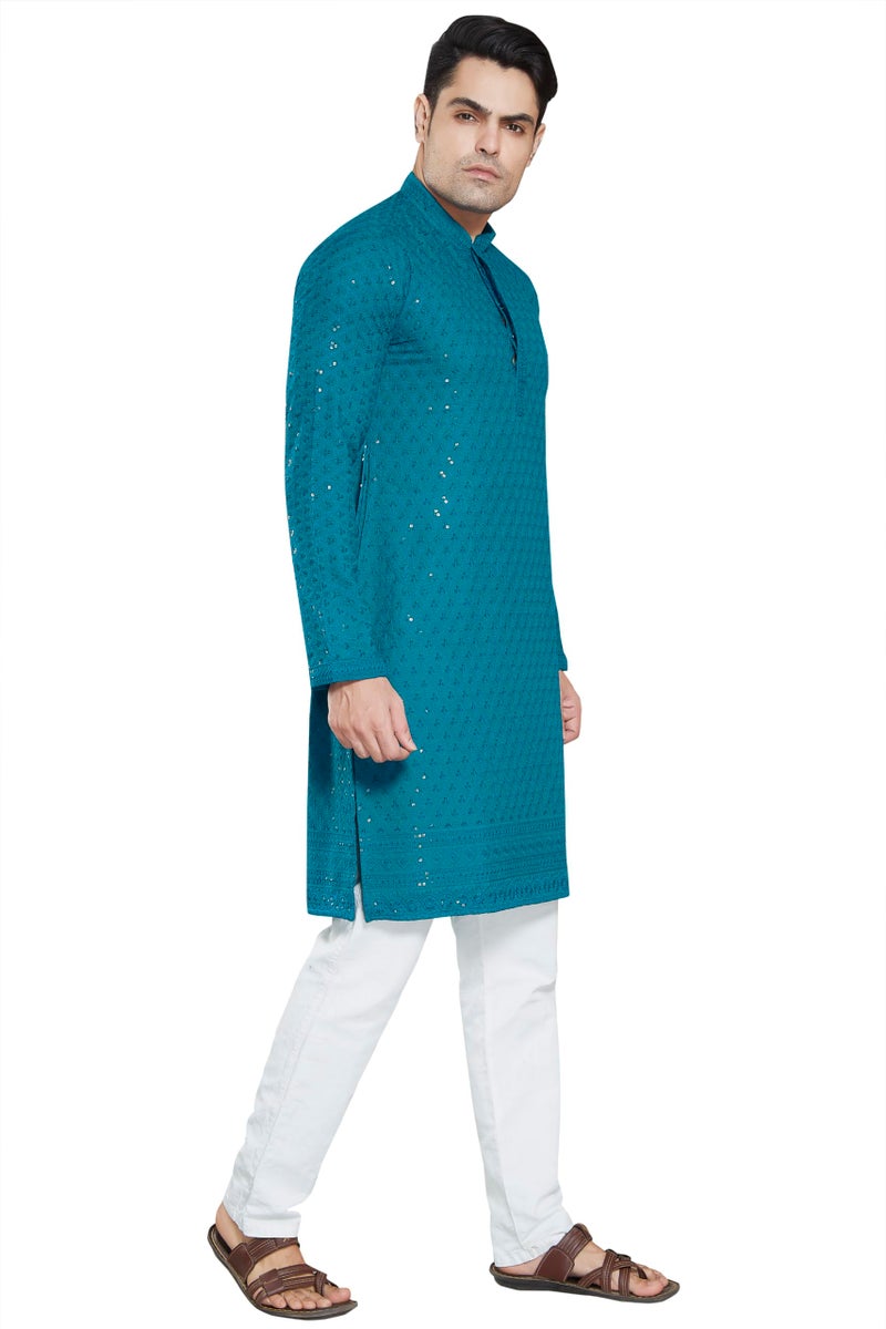 DIVISIVE Men's Sequince Embroidered Cotton Blend Only Kurta (DKRT7_S_Turquoise) - Image 3
