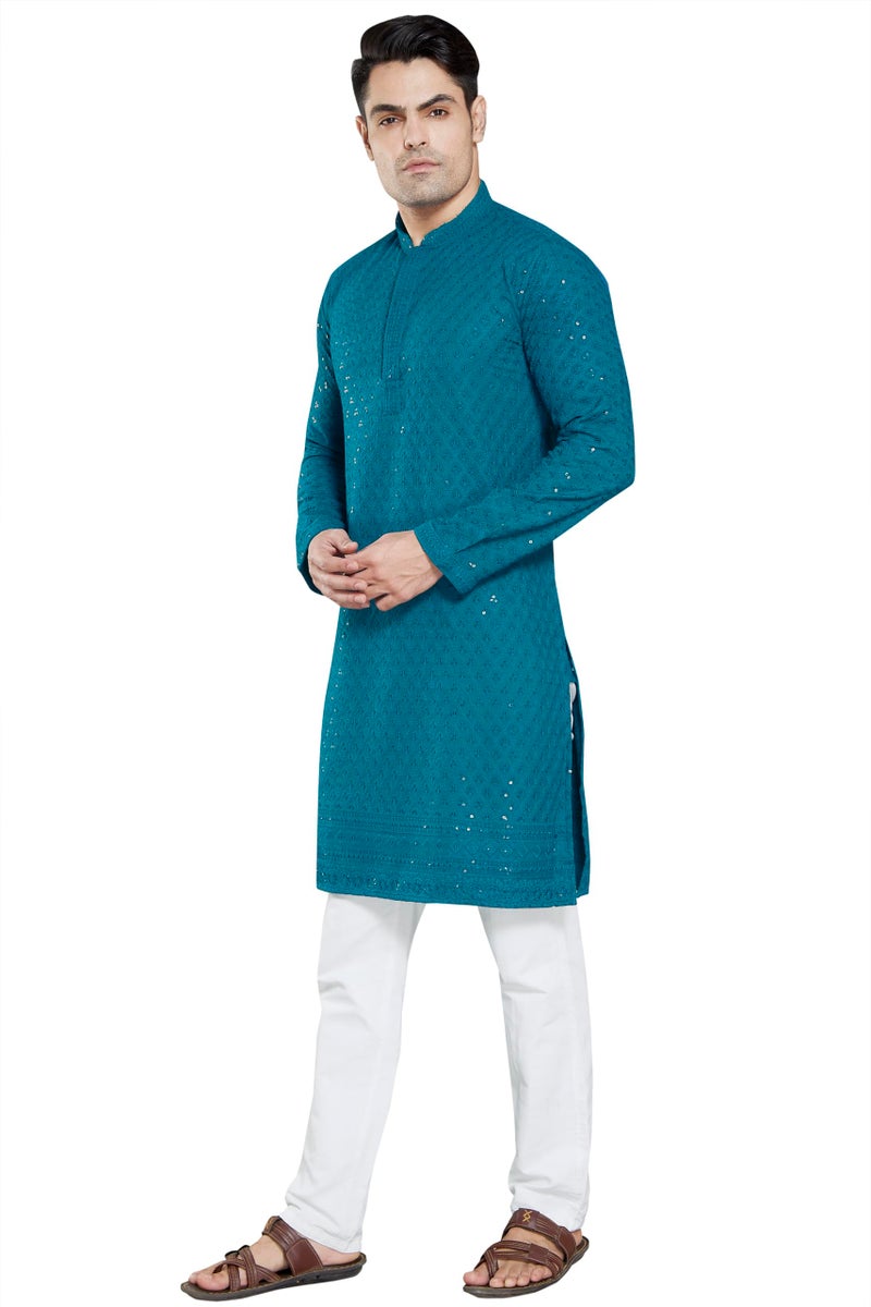 DIVISIVE Men's Sequince Embroidered Cotton Blend Only Kurta (DKRT7_S_Turquoise) - Image 4