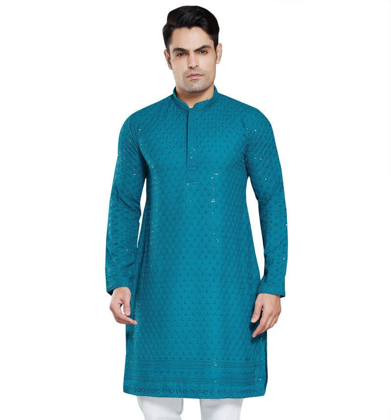 DIVISIVE Men's Sequince Embroidered Cotton Blend Only Kurta (DKRT7_S_Turquoise) - Image 1