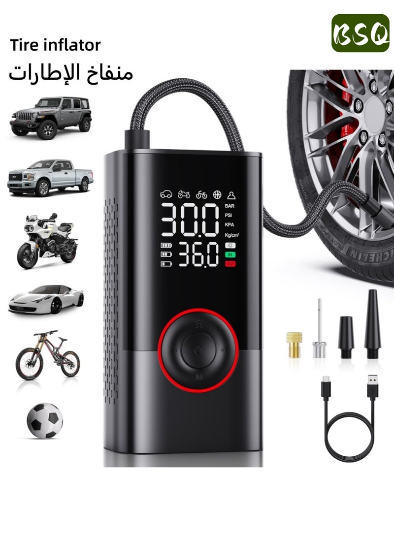 بي إس كيو منفاخ إطارات السيارة الرقمي | مضخة هواء صغيرة لاسلكية محمولة | مع بطارية 4000 مللي أمبير في الساعة | مع توقف تلقائي ومؤشر LED | 150 رطل لكل بوصة مربعة، نفخ أسرع 3 مرات | مناسب للسيارات والدراجات والدراجات النارية والكرات والمراتب الهوائية وما إلى ذلك. - Image 1