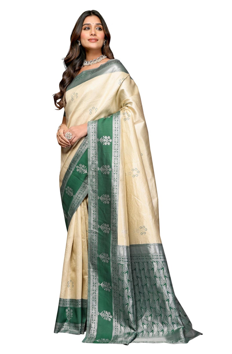 Janasya Women's Beige Silk Blend Checked Woven Design Jacquard Border Saree with Blouse Piece - Image 1