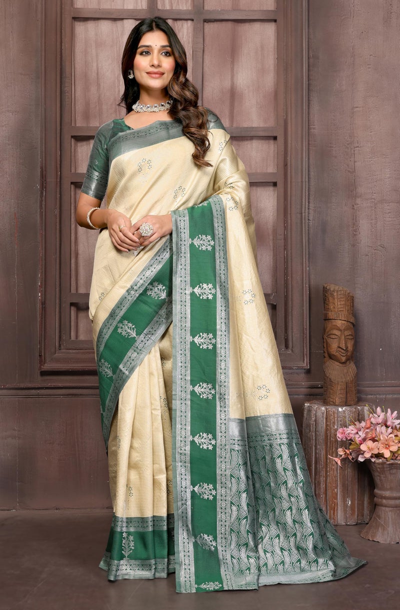 Janasya Women's Beige Silk Blend Checked Woven Design Jacquard Border Saree with Blouse Piece - Image 5