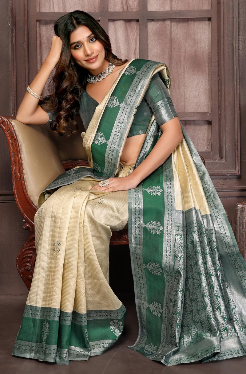 Janasya Women's Beige Silk Blend Checked Woven Design Jacquard Border Saree with Blouse Piece - Image 3