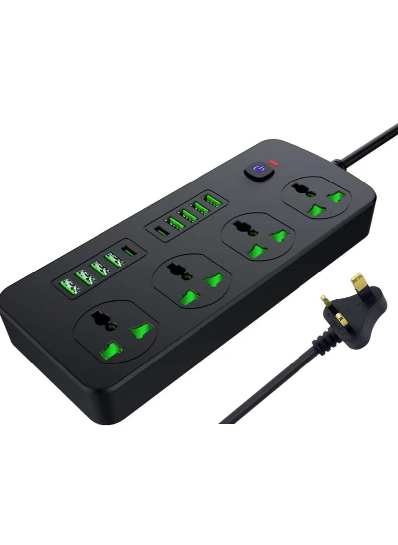 ماركة غير محددة سلك توصيل سلك تمديد طاقة مسطح بطول 2 متر، 4 منافذ 8 منافذ USB موسع مخرج مع حماية من الحمل الزائد، حامل حائط، سطح مكتب (3000 واط)  - Image 1