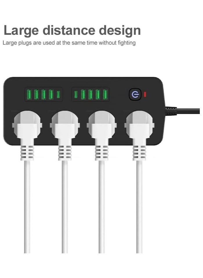 ماركة غير محددة سلك توصيل سلك تمديد طاقة مسطح بطول 2 متر، 4 منافذ 8 منافذ USB موسع مخرج مع حماية من الحمل الزائد، حامل حائط، سطح مكتب (3000 واط)  - Image 3