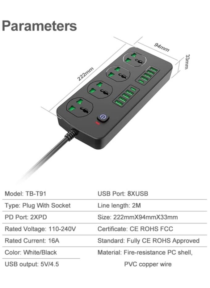 ماركة غير محددة سلك توصيل سلك تمديد طاقة مسطح بطول 2 متر، 4 منافذ 8 منافذ USB موسع مخرج مع حماية من الحمل الزائد، حامل حائط، سطح مكتب (3000 واط)  - Image 4