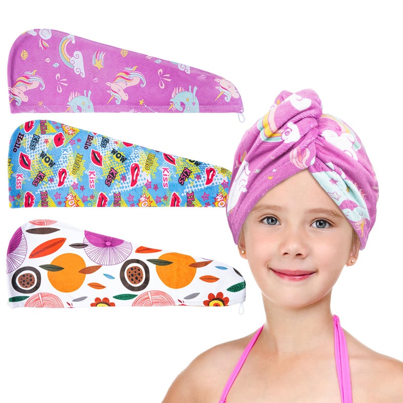 ELLEWIN Microfiber Hair Drying Towels for Kids, 3 Pack Wet Hair Towel Wrap Turban for Girls Children Women, Quick Dry Twisty Hair Towels Wrap for Curly Long Thick Hair Anti Frizz - Image 1