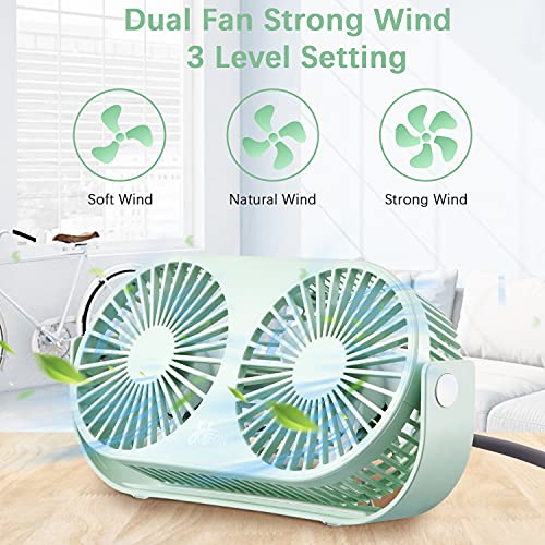 Hoteon Small Table Fan for Home, Portable USB Fan for Office, Double Fan with Dual Modes, 360° Vertical Rotation, 3 Speeds, Strong Wind Desk Fan, Quiet Operation, Green - Image 2