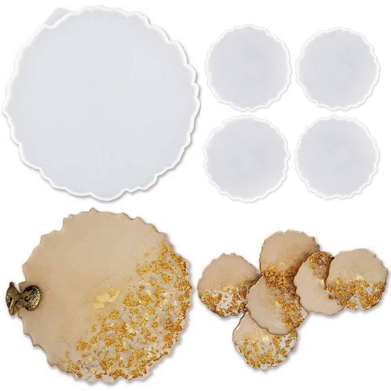 RESINWORLD 5 Pack Silicone Resin Molds, 1 Pcs Large Tray Mold for Resin + 4 Pack Geode Agate Coaster Molds, Round Tray and Coaster Epoxy Molds Set - Image 1