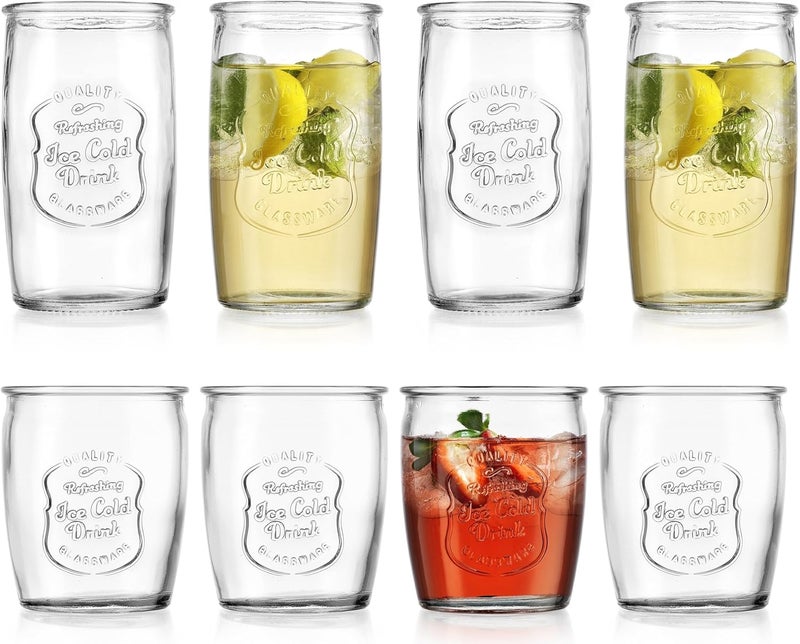Glaver's Ice Cold Set of 8 Drinking Glasses 4-20 Oz Highball Glasses, and 4-13 Oz Whiskey Glass Cups For Everyday Home Use Water glasses, Beer, Juice, Cocktail. - Image 1