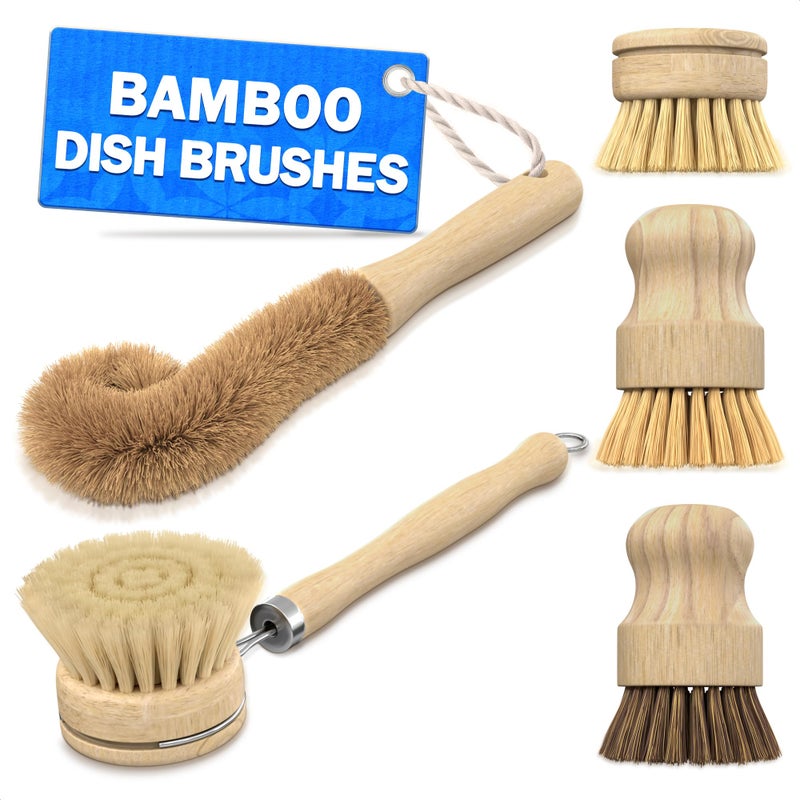 ZOKLU 5 Pcs Bamboo Dish Brush Set  Wooden Dish Brush with Ergonomic Handle for Scrubbing Pots and Pans  Durable ScratchFree Bristles for Effective Dishwashing  Easy Grip for Comfortable Use
