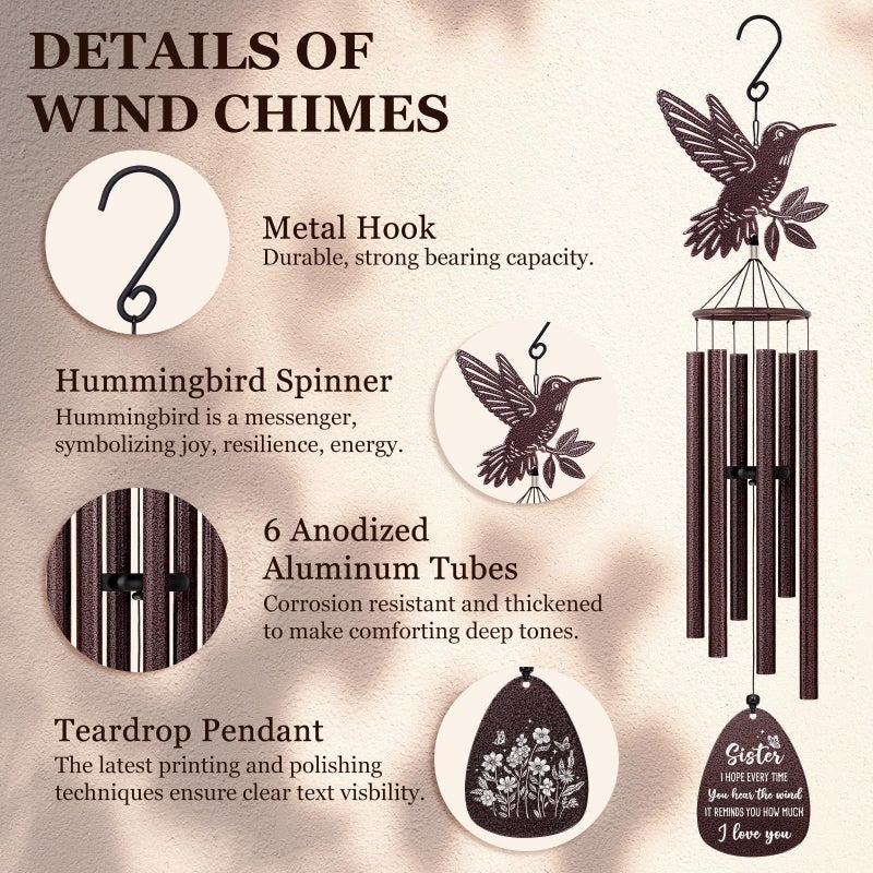 SteadStyle Sister Gift, Unique Sister Birthday Gifts from Sisters Brothers, Mother's Day, Valentine's Day Thanksgiving Christmas Large Size Sister Hummingbird Wind Chime 37 in - Image 5