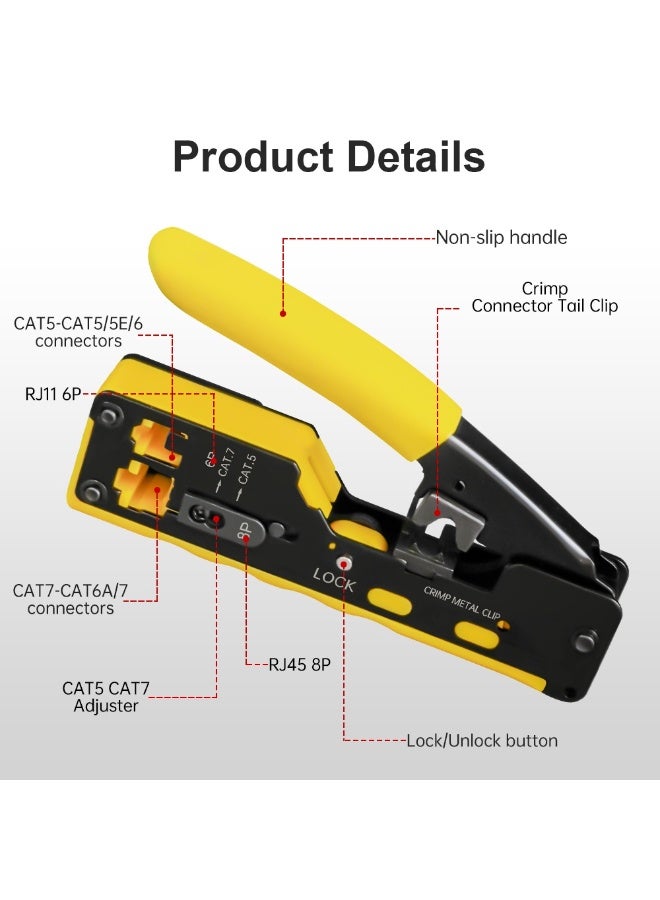 Professional CAT6 Pass Through Connector Crimping Tool for RJ45 RJ11 Cat5 Cat6 Cat7 Network Cables, Heavy Duty Ethernet Cable Crimper with Cutter, Stripper, Safety Lock and Ergonomic Anti-Slip Handle - Image 2