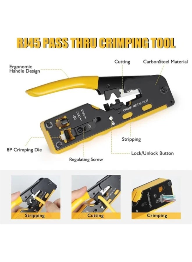 Professional CAT6 Pass Through Connector Crimping Tool for RJ45 RJ11 Cat5 Cat6 Cat7 Network Cables, Heavy Duty Ethernet Cable Crimper with Cutter, Stripper, Safety Lock and Ergonomic Anti-Slip Handle - Image 4