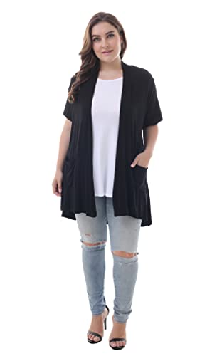 ZERDOCEAN Women's Plus Size Short Sleeve Lightweight Soft Printed Drape Cardigan with Pockets Black 2X - Image 4