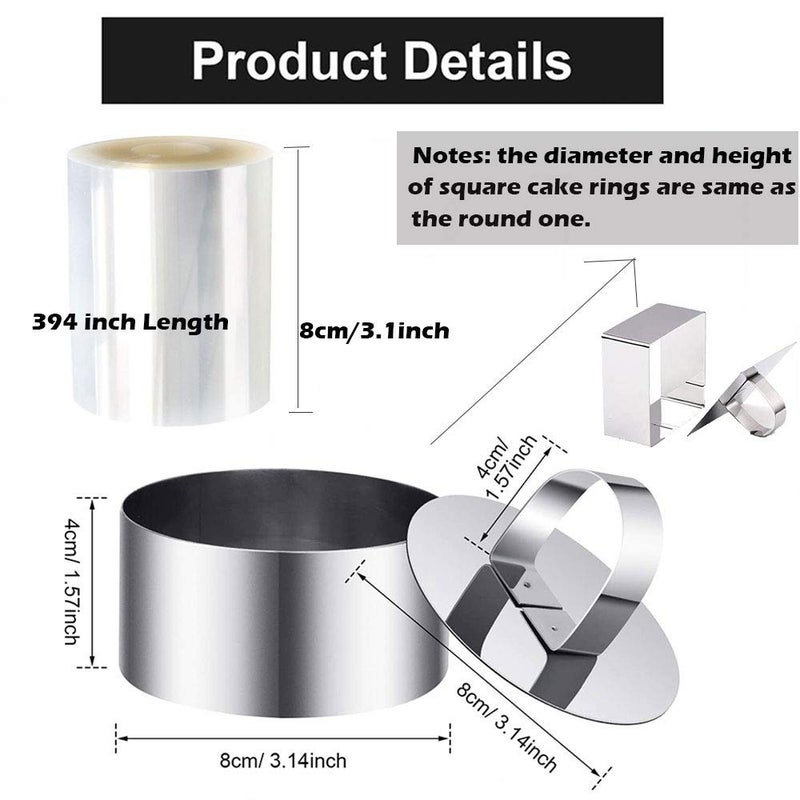 Datanya 9Pack 3.15 Food Rings Molds With 3 Inch Cake Collars Stainless Steel Cake Rings Round & Square Cooking Ring Molds With Pressers  Transparent Acetate Sheet Cake Rolls For Baking Pastry - Image 2