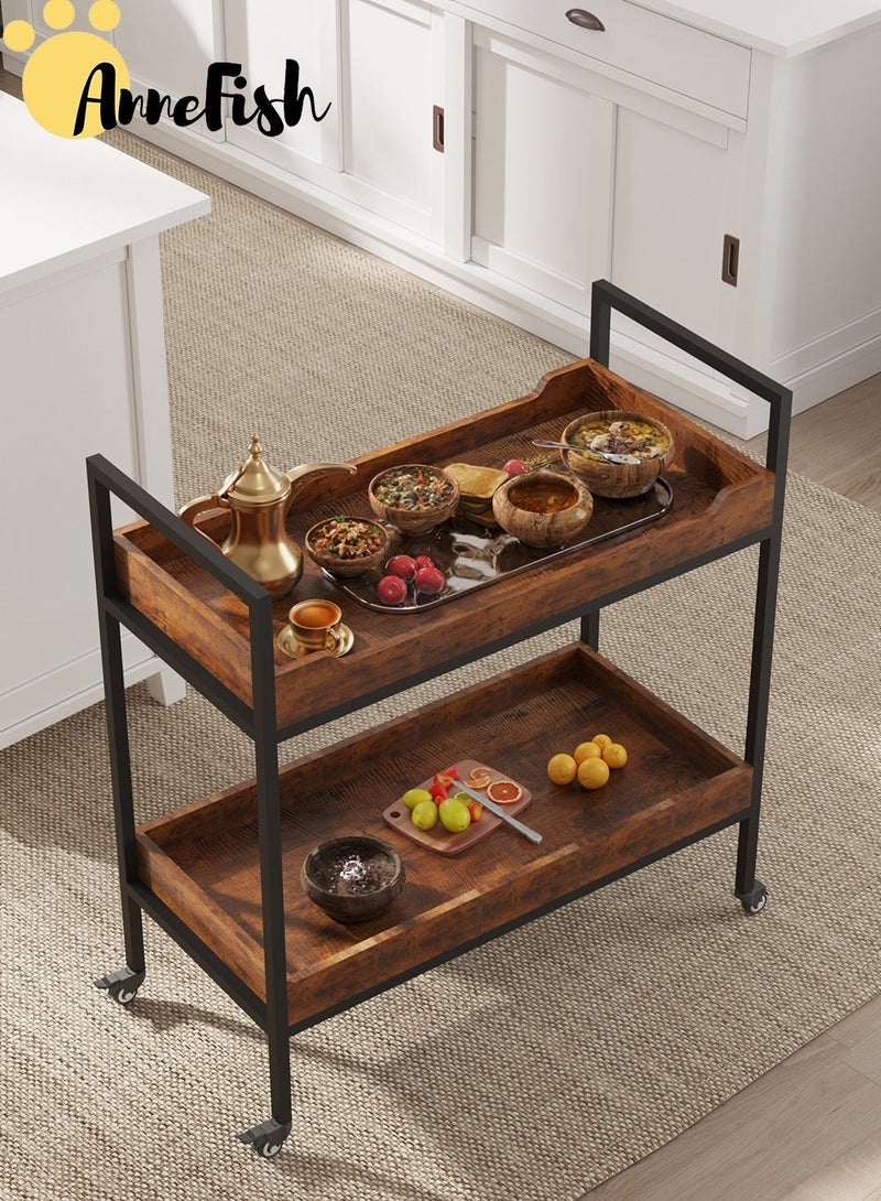 آن فش عربة تقديم طعام منزلية متحركة من طبقتين، مزودة بعجلات وأرفف تخزين، ومزودة بحواجز مرتفعة لمنع الانقلاب، مناسبة للمطبخ وغرفة الطعام وغرفة المعيشة. - Image 2