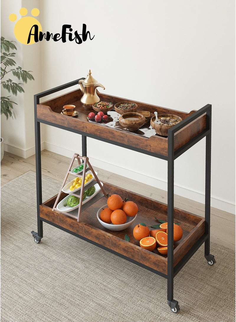 آن فش عربة تقديم طعام منزلية متحركة من طبقتين، مزودة بعجلات وأرفف تخزين، ومزودة بحواجز مرتفعة لمنع الانقلاب، مناسبة للمطبخ وغرفة الطعام وغرفة المعيشة. - Image 3