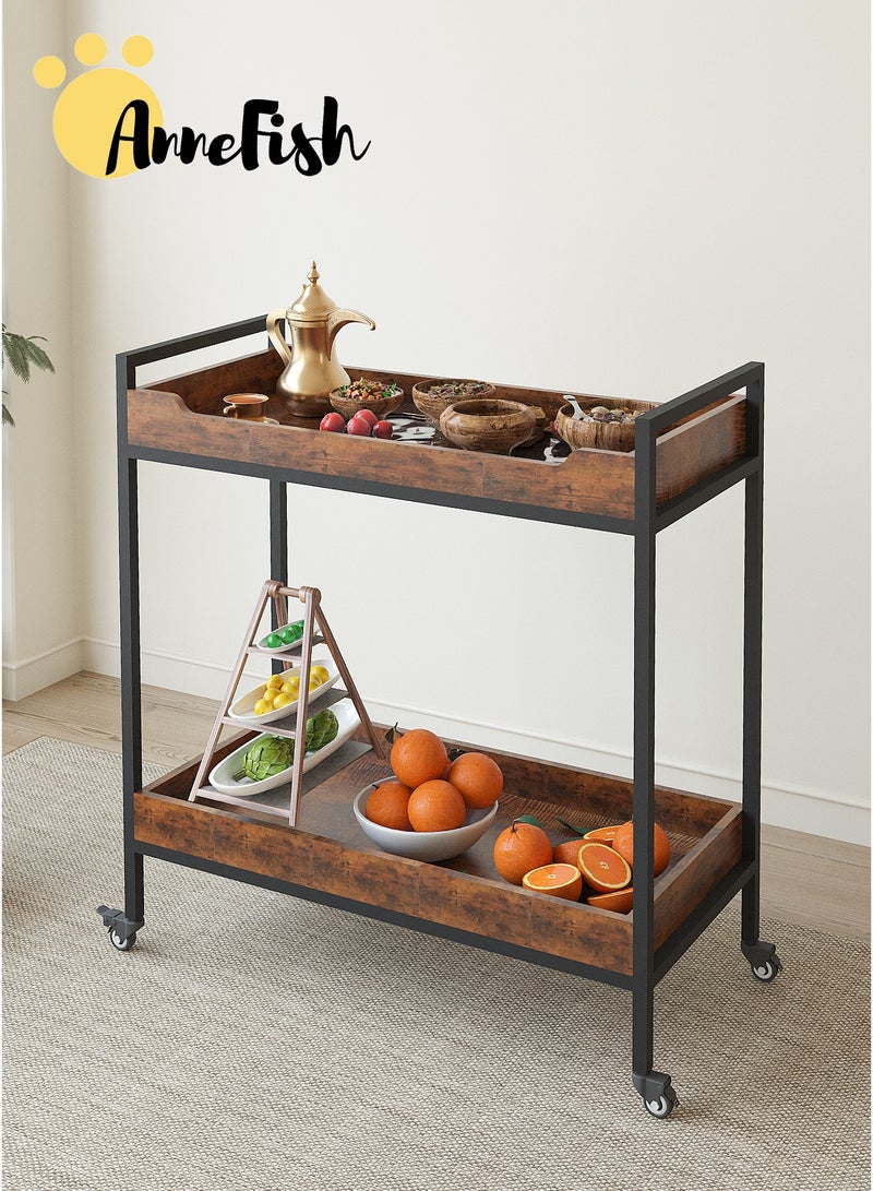 آن فش عربة تقديم طعام منزلية متحركة من طبقتين، مزودة بعجلات وأرفف تخزين، ومزودة بحواجز مرتفعة لمنع الانقلاب، مناسبة للمطبخ وغرفة الطعام وغرفة المعيشة. - Image 4