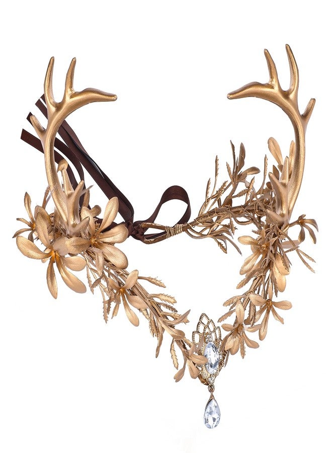 MOSTORY Gold Fairy Antler Crown - Woodland Flower Deer Horns Headpiece Elf Forest Ciecle for Women Renaissance Cosplay Renfaire Outfit Hallween Costume - Image 1