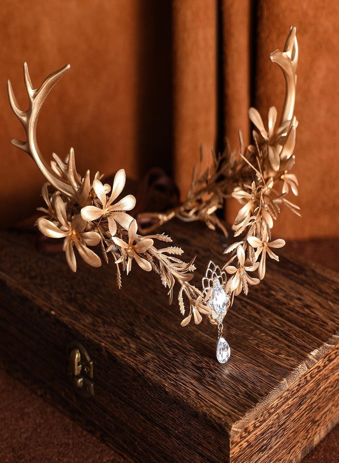 MOSTORY Gold Fairy Antler Crown - Woodland Flower Deer Horns Headpiece Elf Forest Ciecle for Women Renaissance Cosplay Renfaire Outfit Hallween Costume - Image 5