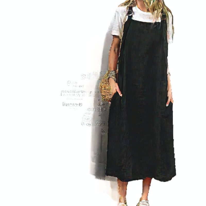Women's Casual Cotton Linen Long Dress with Adjustable Straps - Image 3