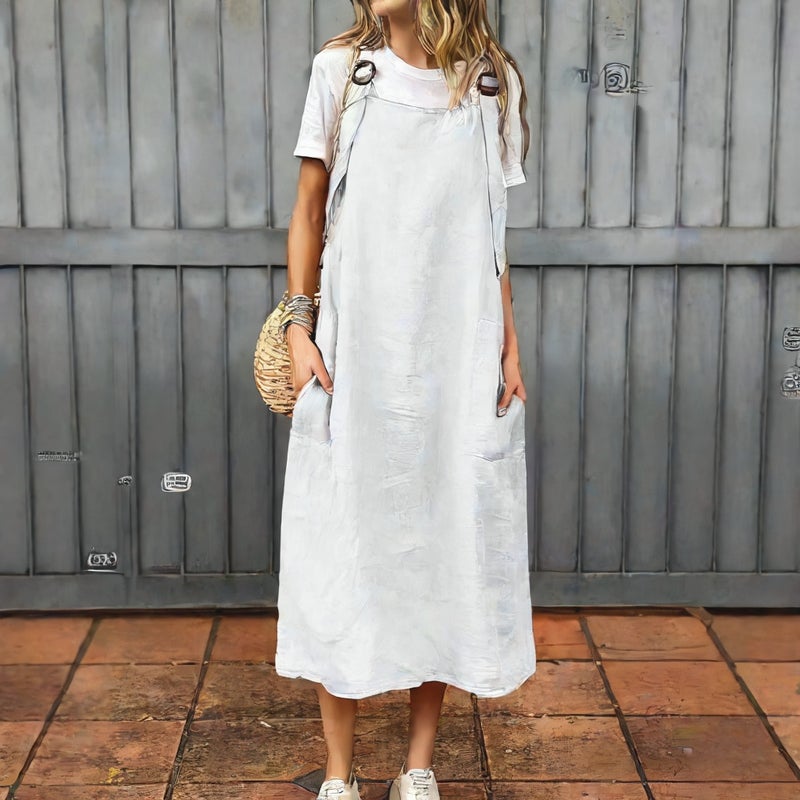 Women's Casual Cotton Linen Long Dress with Adjustable Straps - Image 2