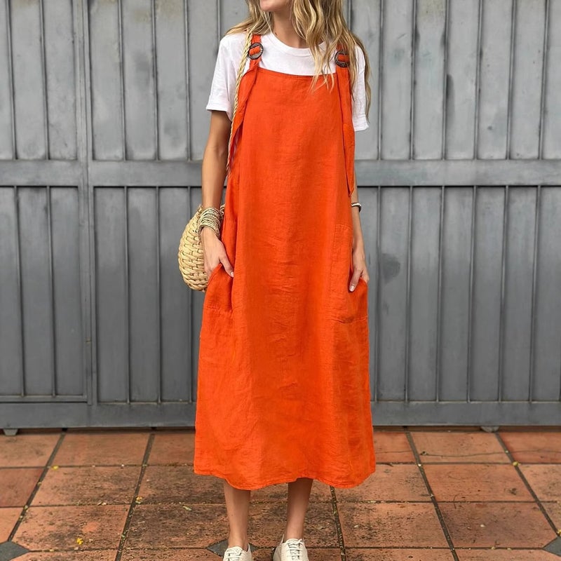 Women's Casual Cotton Linen Long Dress with Adjustable Straps - Image 1