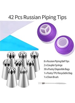Generic 42 Pcs Russian Piping Tips Set, 8 Nozzles Flower Frosting Icing Tips Russian Ball Piping Tips for Cake Decorating Kit, 2 Couplers 30 Pastry Baking Bags 1 Cleaning Brush, 1 Reusable Silicone Bag  - Image 2