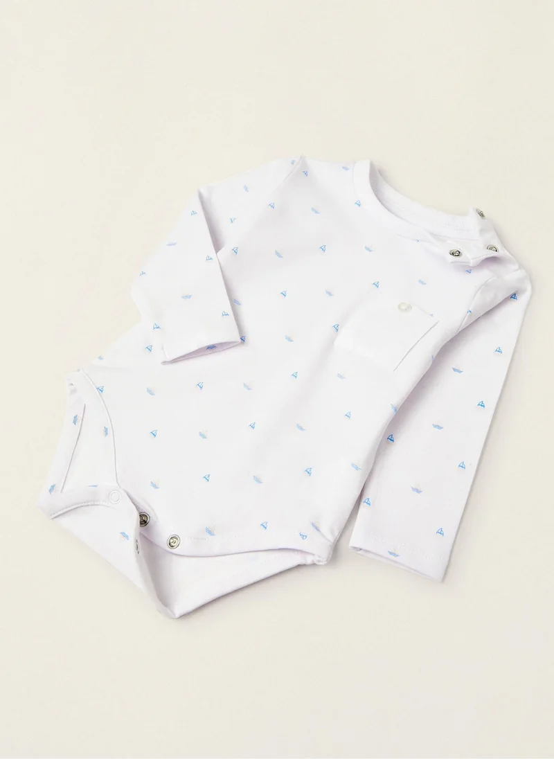 Zippy Cotton Bodysuit for Newborn Baby Boys 'Boats', White