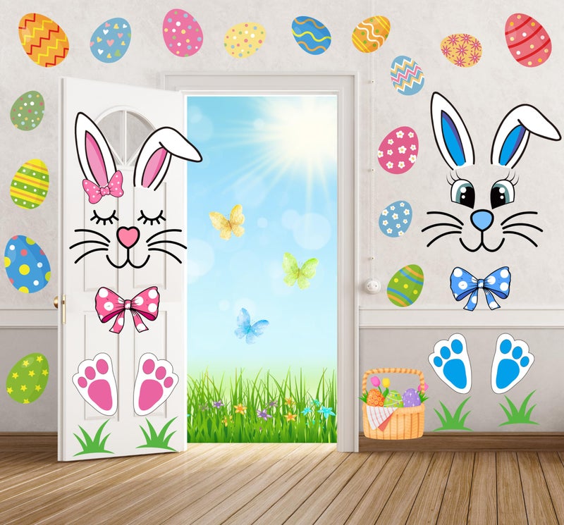 CYNOSA Easter Bunny Door Stickers Easter Door Decor Large Bunny Face Stickers with Eggs Decals for Spring Door Window Refrigerator Decorations - Image 2