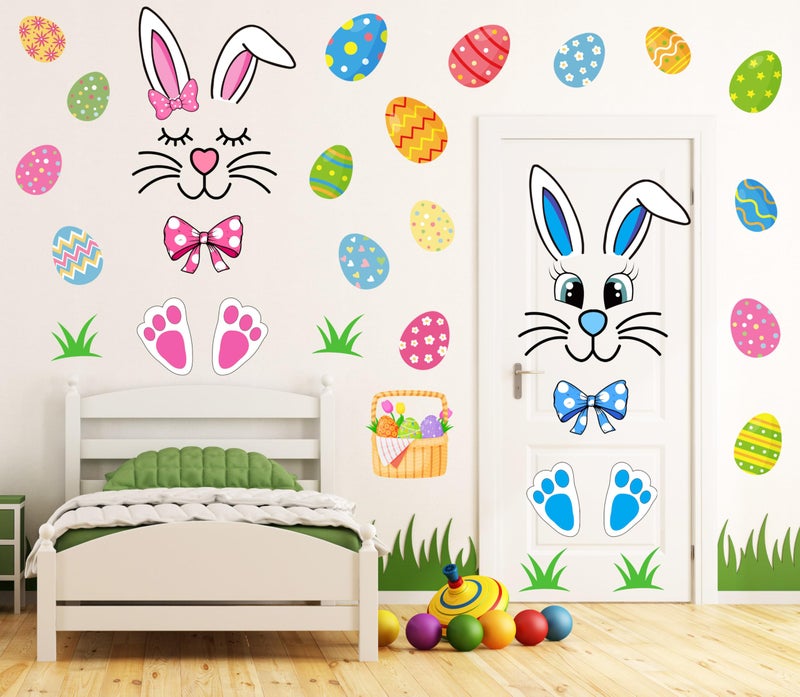 CYNOSA Easter Bunny Door Stickers Easter Door Decor Large Bunny Face Stickers with Eggs Decals for Spring Door Window Refrigerator Decorations - Image 5