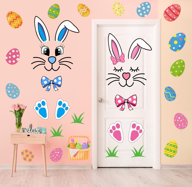CYNOSA Easter Bunny Door Stickers Easter Door Decor Large Bunny Face Stickers with Eggs Decals for Spring Door Window Refrigerator Decorations - Image 3