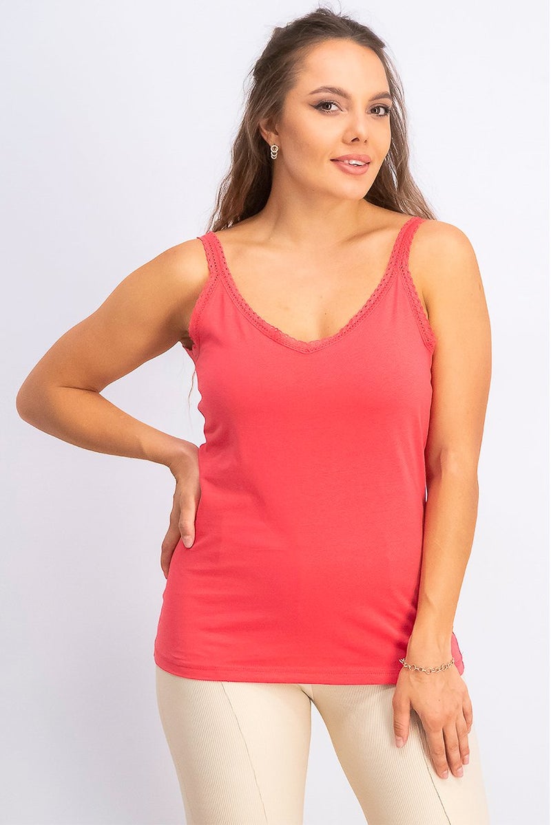 women'secret Women V-neck Sleeveless Lace Tank Top, Red - Image 1