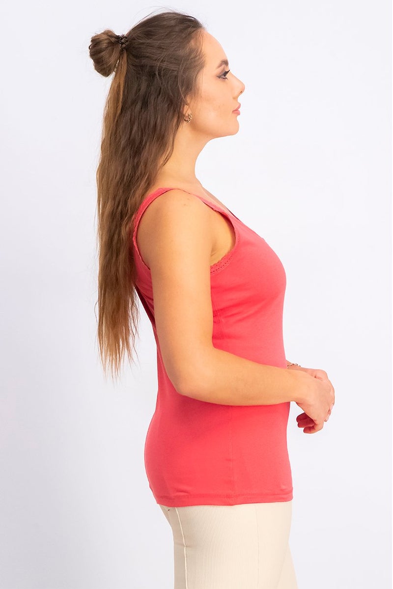 women'secret Women V-neck Sleeveless Lace Tank Top, Red - Image 2