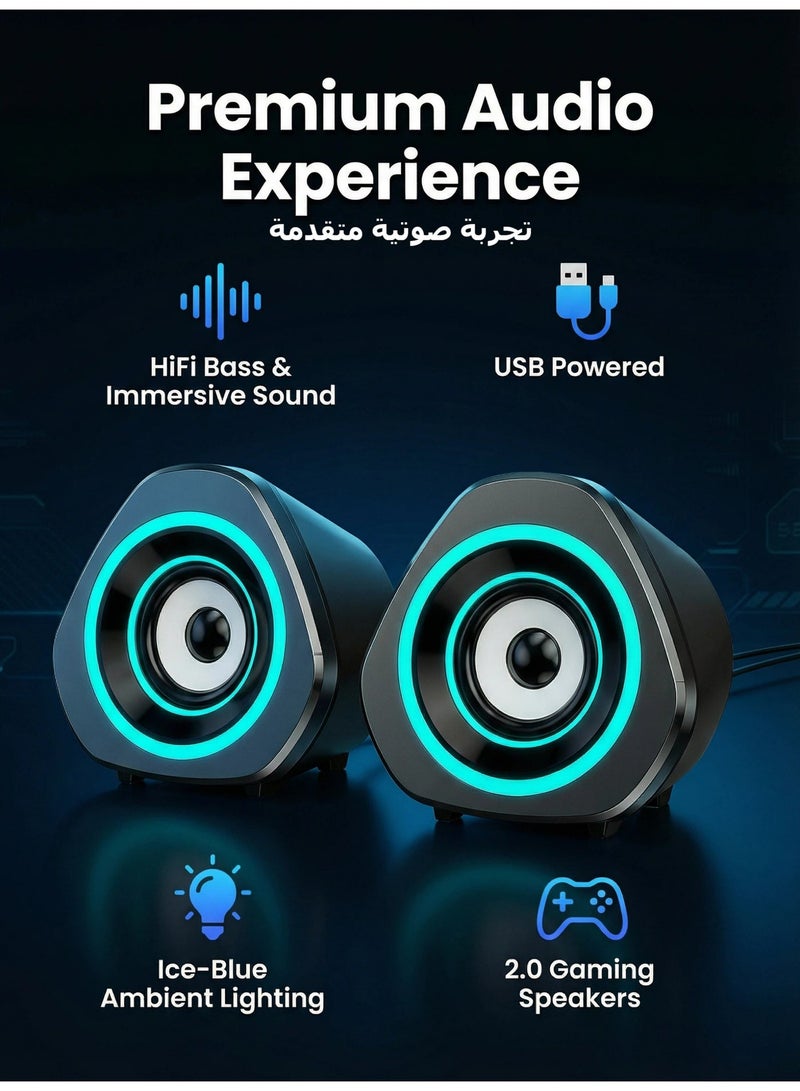 فلوشرينيك مكبر صوت الكمبيوتر مكبر صوت الكمبيوتر USB ، مكبر صوت لعبة 2.0 ضوء أزرق الجليد ، مناسب لأجهزة الكمبيوتر المكتبية وأجهزة الكمبيوتر المحمولة والهواتف المحمولة مكبر صوت لعبة الكمبيوتر الشخصي المدعوم بواسطة USB 3.5 مم مدخلات مساعدة بحجم واحد (4.02x2.52x3.94 بوصة) x2 - Image 1