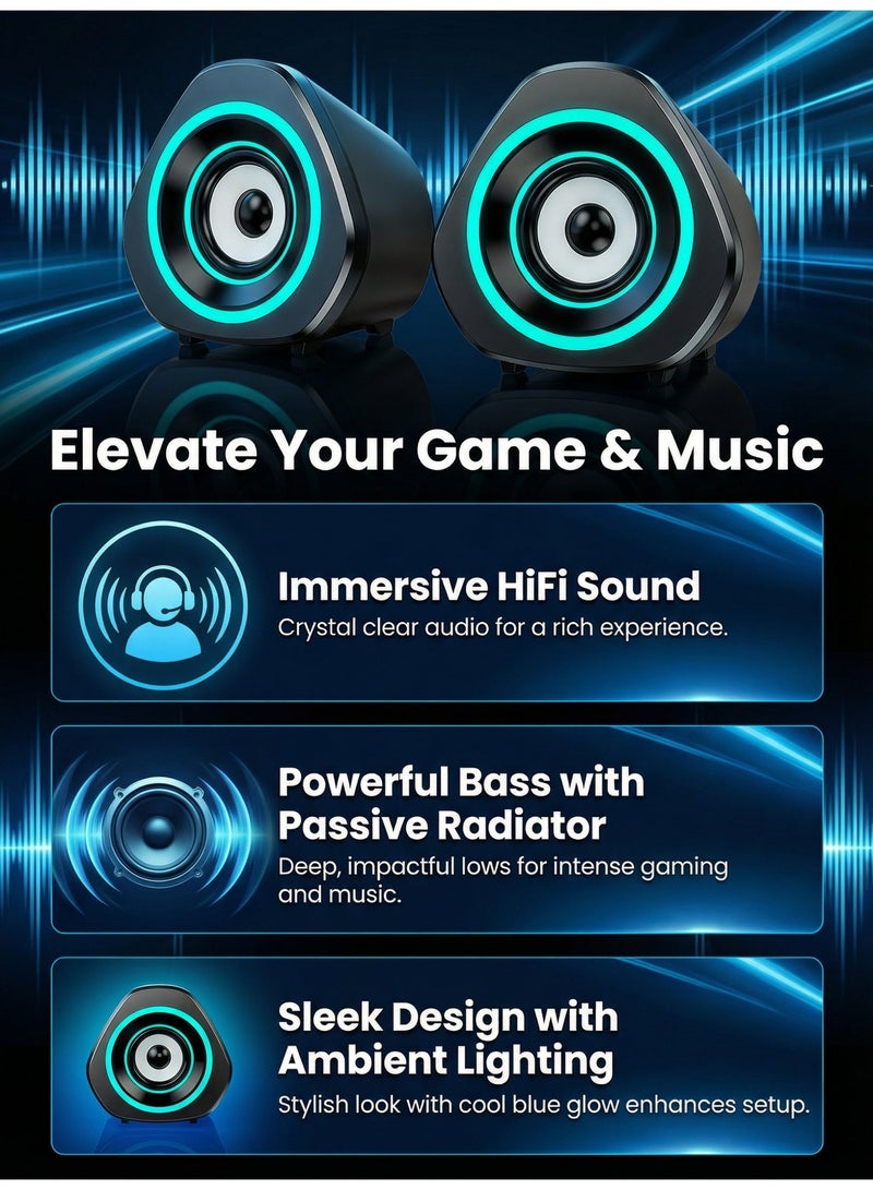 فلوشرينيك مكبر صوت الكمبيوتر مكبر صوت الكمبيوتر USB ، مكبر صوت لعبة 2.0 ضوء أزرق الجليد ، مناسب لأجهزة الكمبيوتر المكتبية وأجهزة الكمبيوتر المحمولة والهواتف المحمولة مكبر صوت لعبة الكمبيوتر الشخصي المدعوم بواسطة USB 3.5 مم مدخلات مساعدة بحجم واحد (4.02x2.52x3.94 بوصة) x2 - Image 2