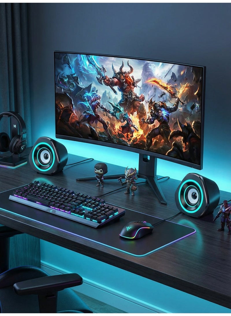 فلوشرينيك مكبر صوت الكمبيوتر مكبر صوت الكمبيوتر USB ، مكبر صوت لعبة 2.0 ضوء أزرق الجليد ، مناسب لأجهزة الكمبيوتر المكتبية وأجهزة الكمبيوتر المحمولة والهواتف المحمولة مكبر صوت لعبة الكمبيوتر الشخصي المدعوم بواسطة USB 3.5 مم مدخلات مساعدة بحجم واحد (4.02x2.52x3.94 بوصة) x2 - Image 3