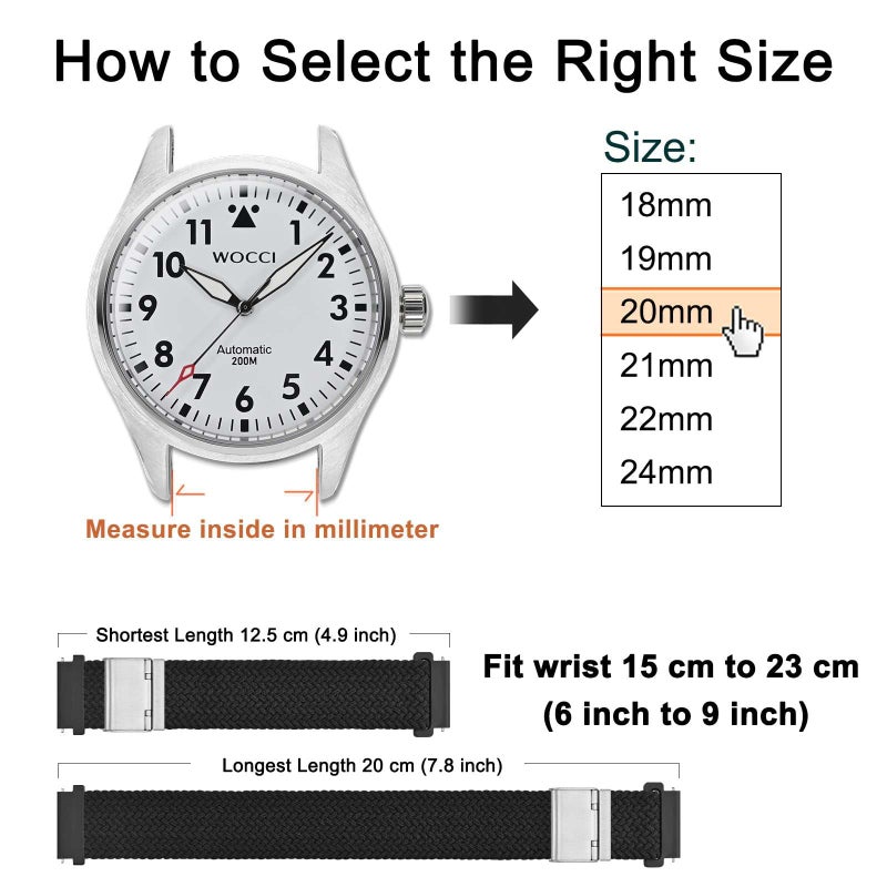 WOCCI 22mm Braided Nylon Watch Band for Men and Women, Quick Release, Silver Stainless Steel Buckle (Black) - Image 4