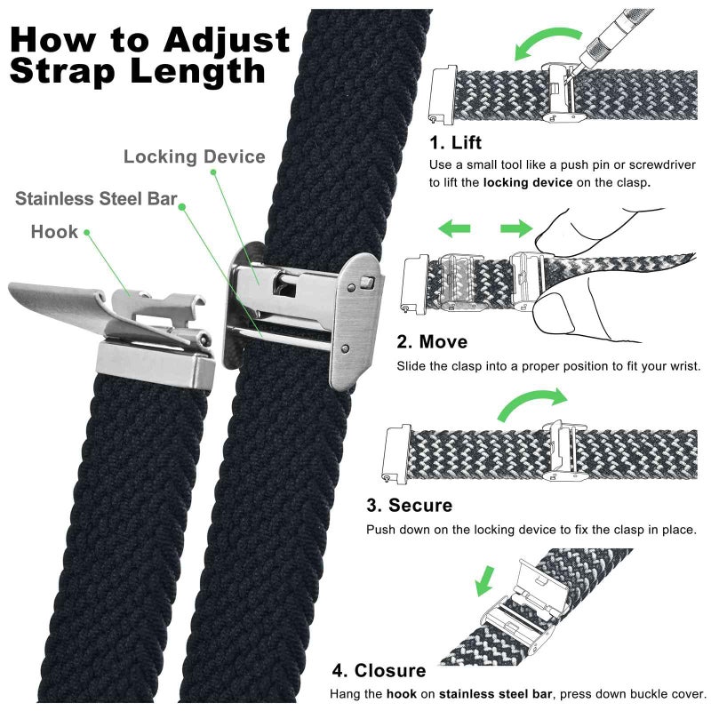 WOCCI 22mm Braided Nylon Watch Band for Men and Women, Quick Release, Silver Stainless Steel Buckle (Black) - Image 5