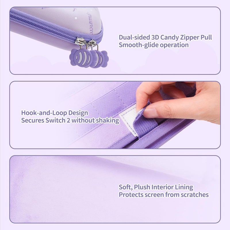 Kuitmor Carrying Case Compatible with Switch 2 (2025) 7.9 Inch, Hard-Shell Slim Travel Case with 12 Game Card Slots for Switch 2 Console and Accessories, Candy Party (Purple) - Image 4
