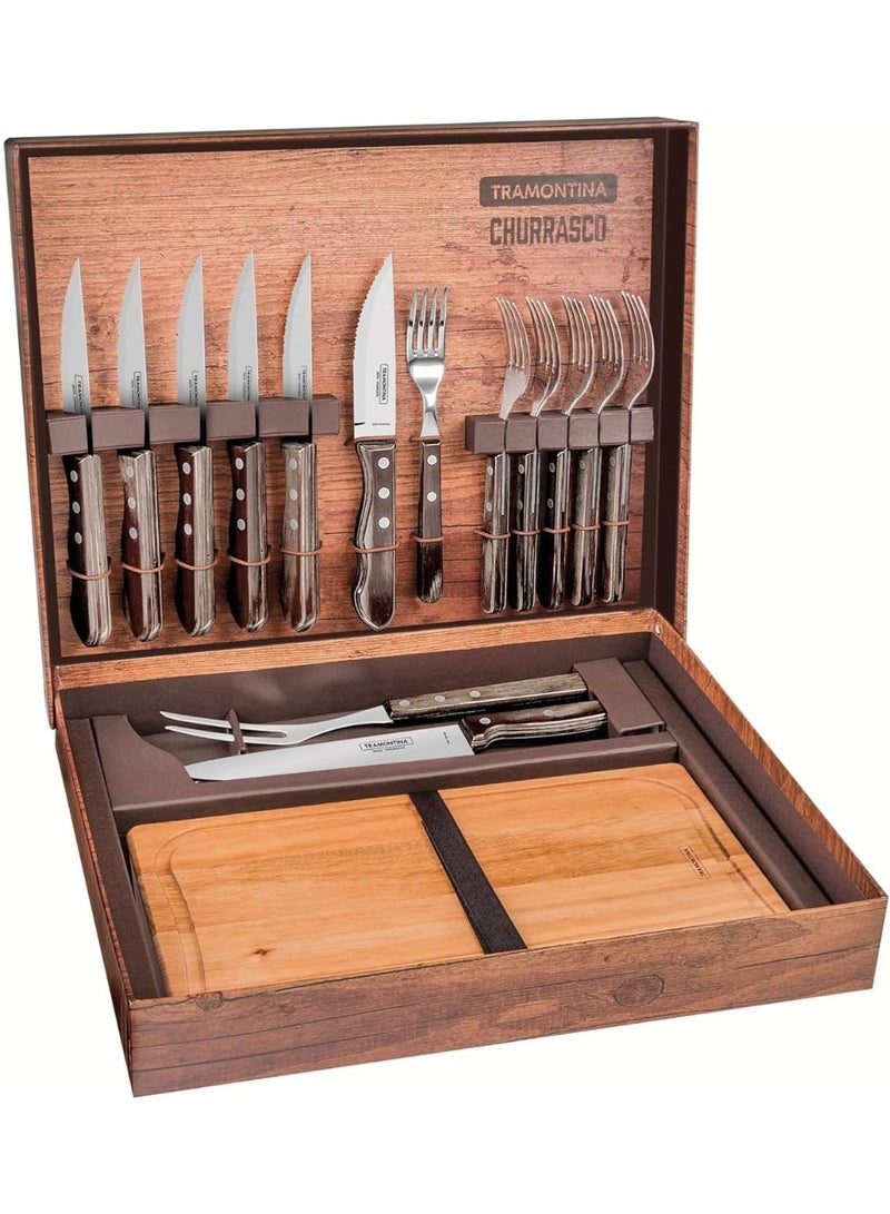 TRAMONTINA Tramontina Churrasco 15-Pieces Barbecue Set with Stainless Steel Blades and Treated Brown Polywood Handles with Cardboard Box  - Image 1