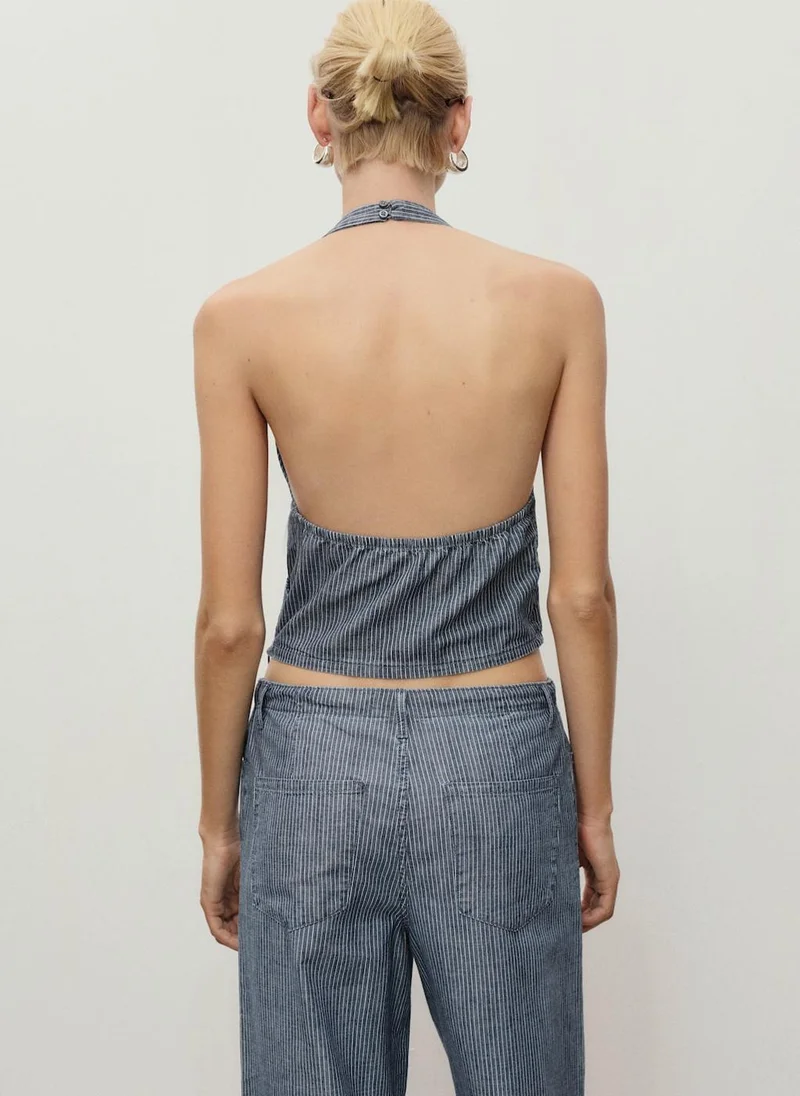 مانجو Striped Crossover Denim Top