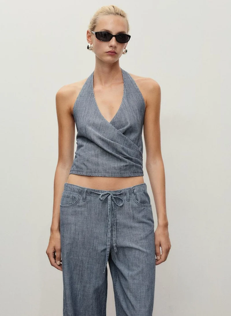 مانجو Striped Crossover Denim Top