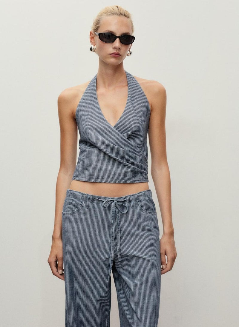 MANGO Striped Crossover Denim Top  - Image 1