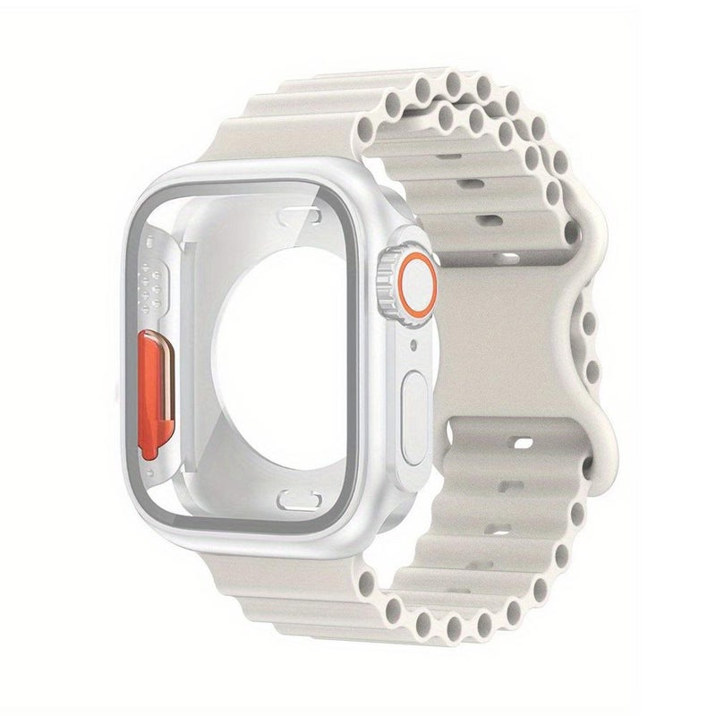 erorex For Apple Watch Series 10 46Mm Butterfly Buckle Ocean Silicone Watch Band With Film Integrated Pc Case(White) - Image 1