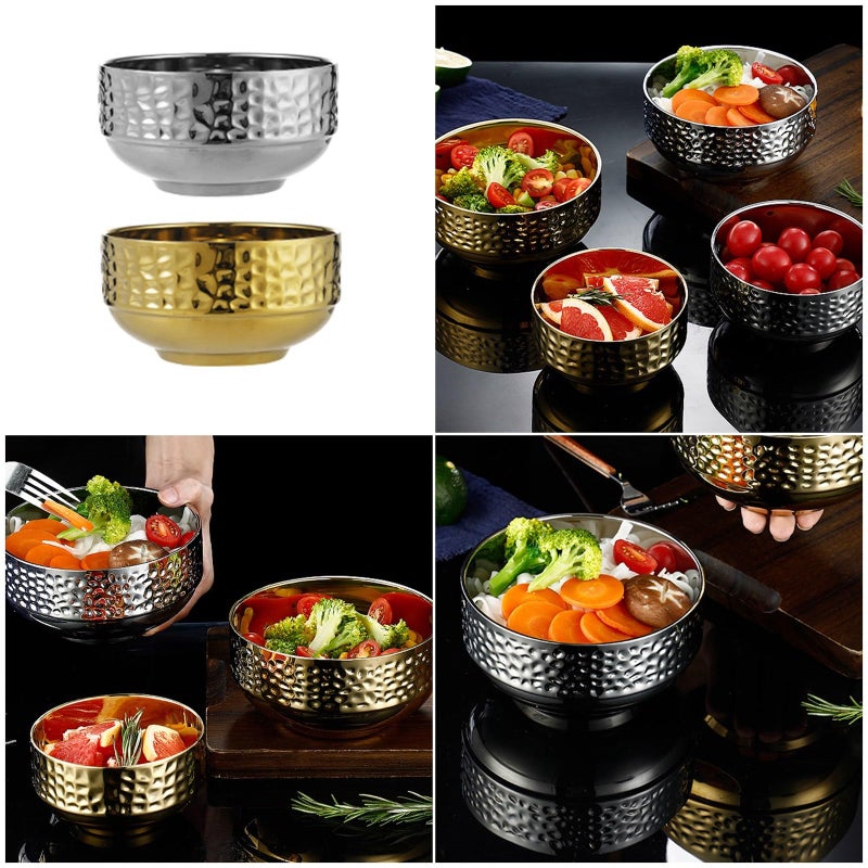Double Layer Insulated Stainless Steel Serving Bowl Silver Hammered Textured Nonslip For Dining Kitchen And Parties - Image 3